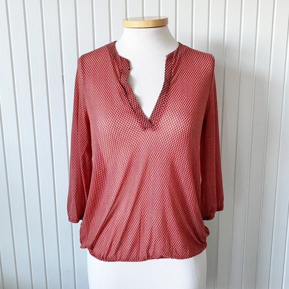 The Limited Orange Red Pattern Blouse Top 70s Look See-Through 3/4 Sleeve Sz XS